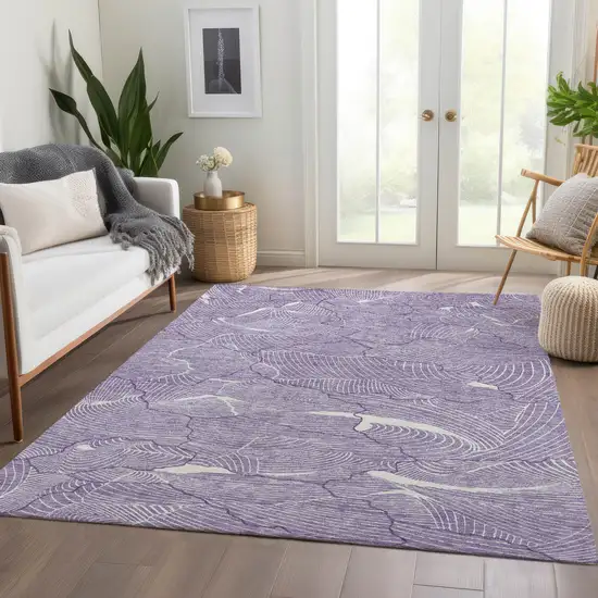 Purple And Ivory Abstract Washable Area Rug With UV Protection Photo 5