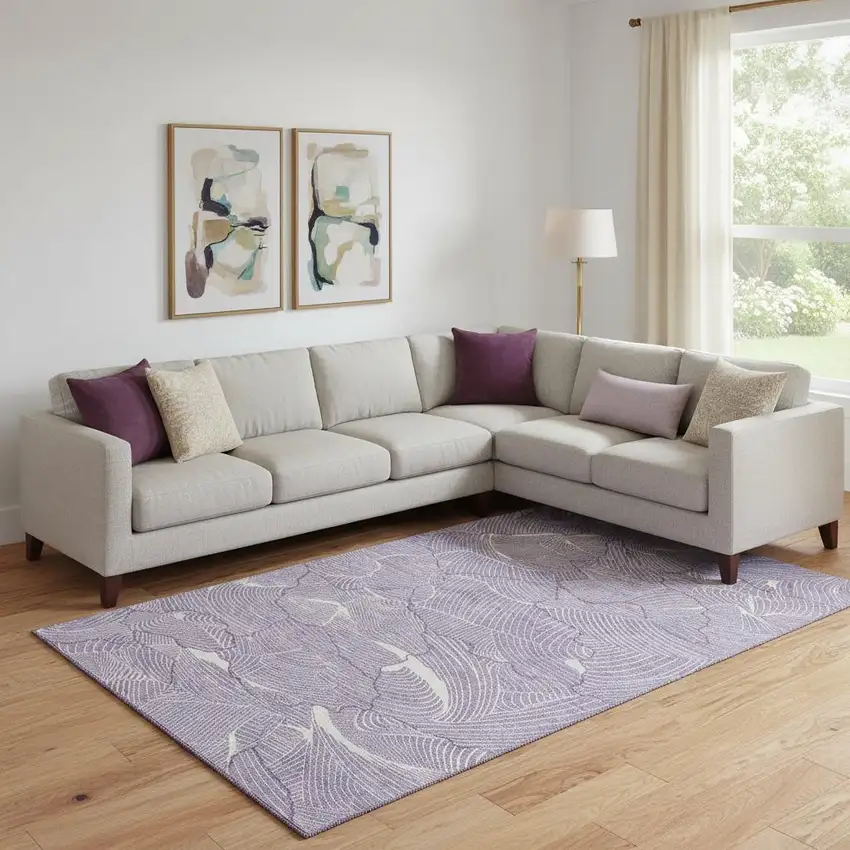 Purple And Ivory Abstract Washable Area Rug With UV Protection Photo 2