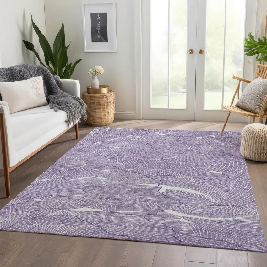 Purple And Ivory Abstract Washable Area Rug With UV Protection Photo 5