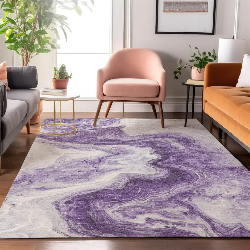 Purple And Ivory Abstract Washable Area Rug With UV Protection Photo 5