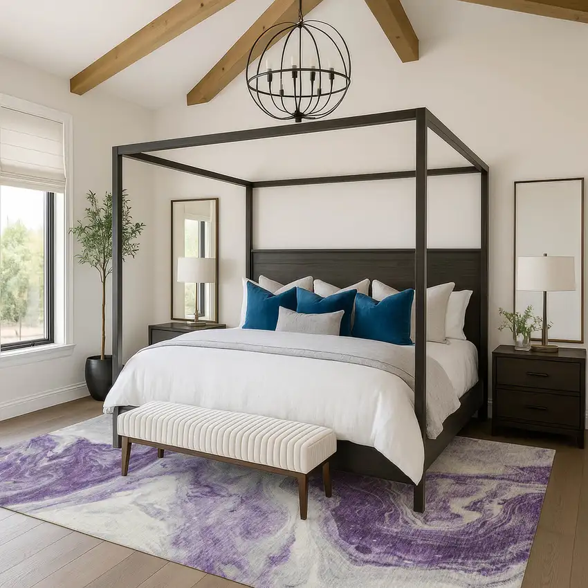 Purple And Ivory Abstract Washable Area Rug With UV Protection Photo 4