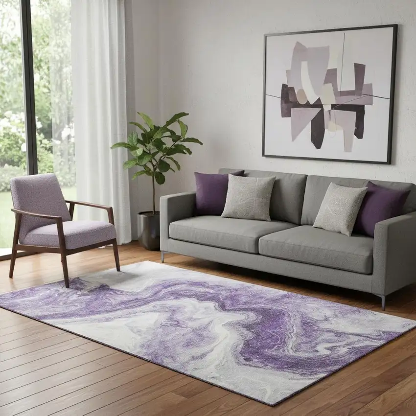 Purple And Ivory Abstract Washable Area Rug With UV Protection Photo 2