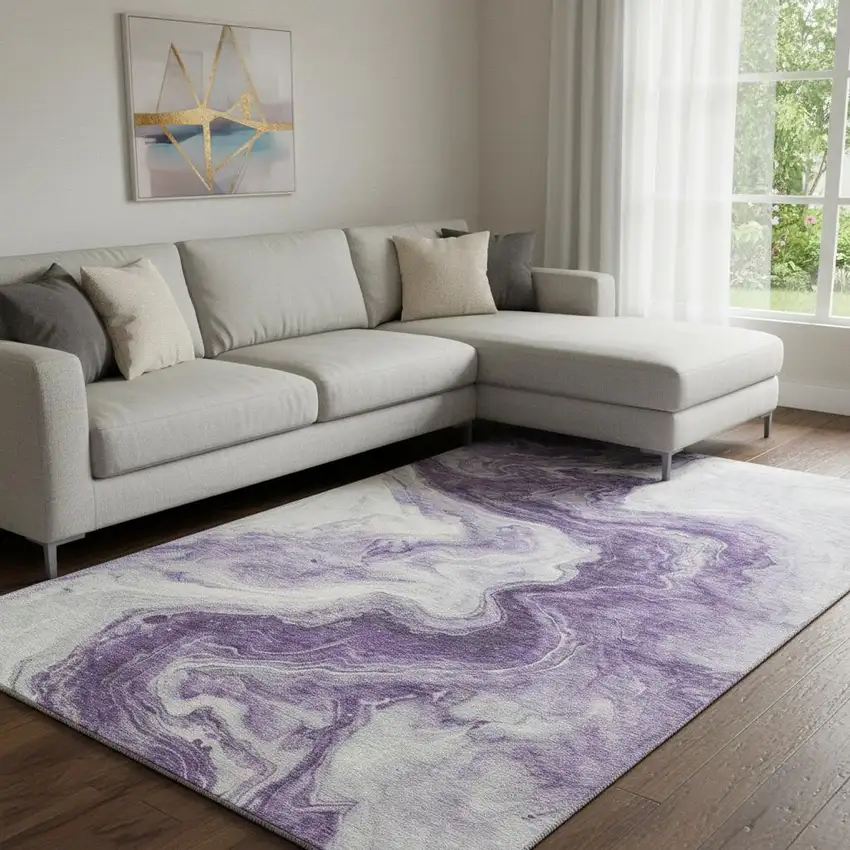 Purple And Ivory Abstract Washable Area Rug With UV Protection Photo 2