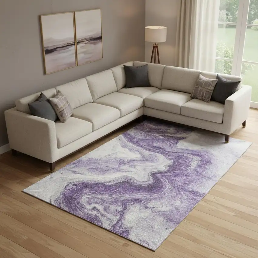 Purple And Ivory Abstract Washable Area Rug With UV Protection Photo 2
