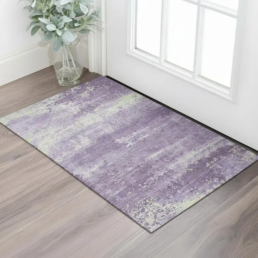 Purple And Ivory Abstract Washable Area Rug With UV Protection Photo 2