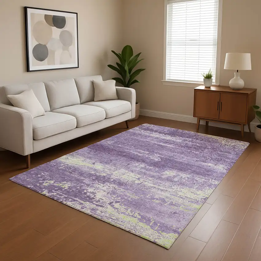 Purple And Ivory Abstract Washable Area Rug With UV Protection Photo 4