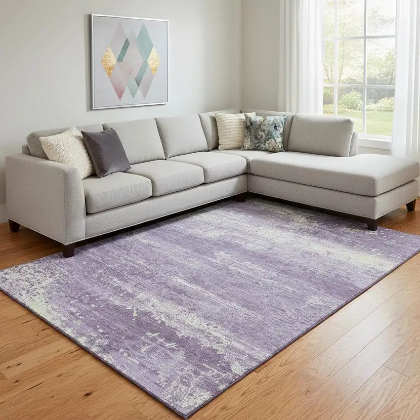 Purple And Ivory Abstract Washable Area Rug With UV Protection Photo 2