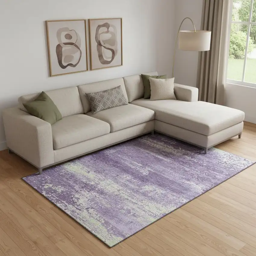 Purple And Ivory Abstract Washable Area Rug With UV Protection Photo 2