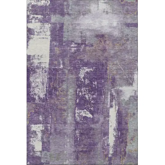 Purple And Ivory Abstract Washable Area Rug With UV Protection Photo 4