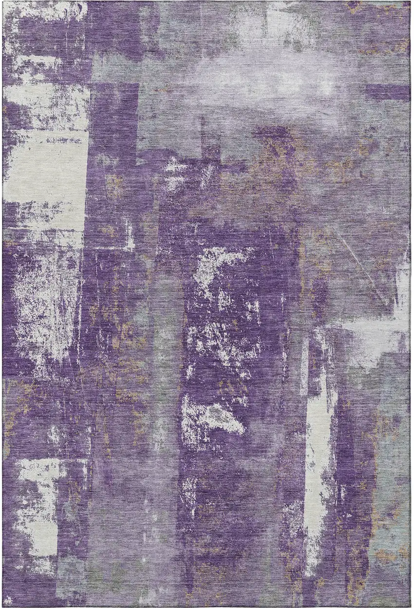 Purple And Ivory Abstract Washable Area Rug With UV Protection Photo 4