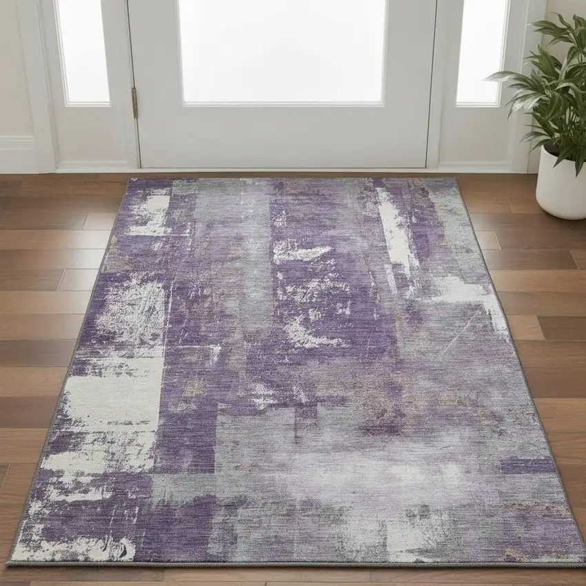Purple And Ivory Abstract Washable Area Rug With UV Protection Photo 2