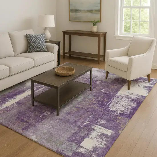 Purple And Ivory Abstract Washable Area Rug With UV Protection Photo 5