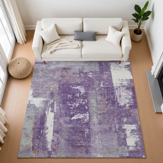 Purple And Ivory Abstract Washable Area Rug With UV Protection Photo 4