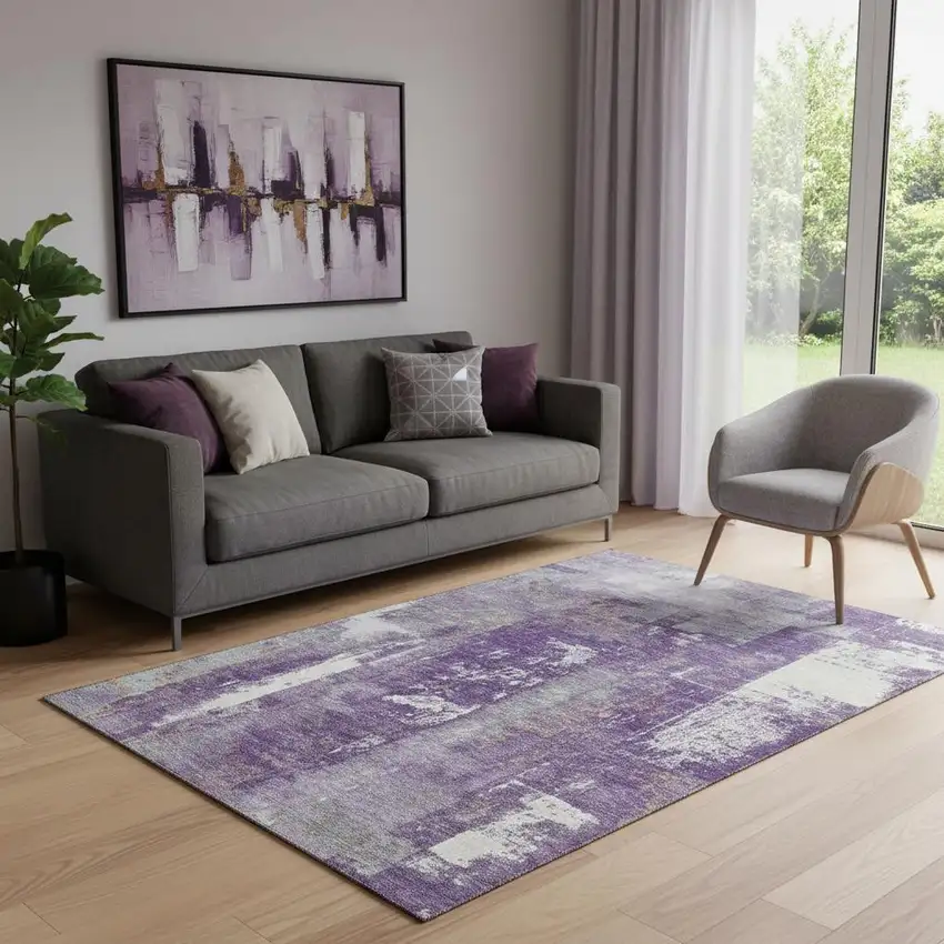 Purple And Ivory Abstract Washable Area Rug With UV Protection Photo 2
