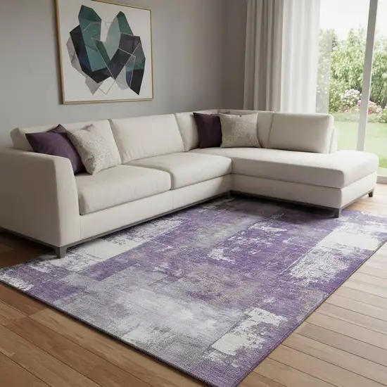 Purple And Ivory Abstract Washable Area Rug With UV Protection Photo 2