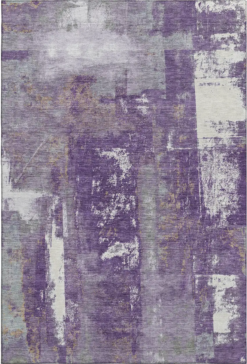 Purple And Ivory Abstract Washable Area Rug With UV Protection Photo 1