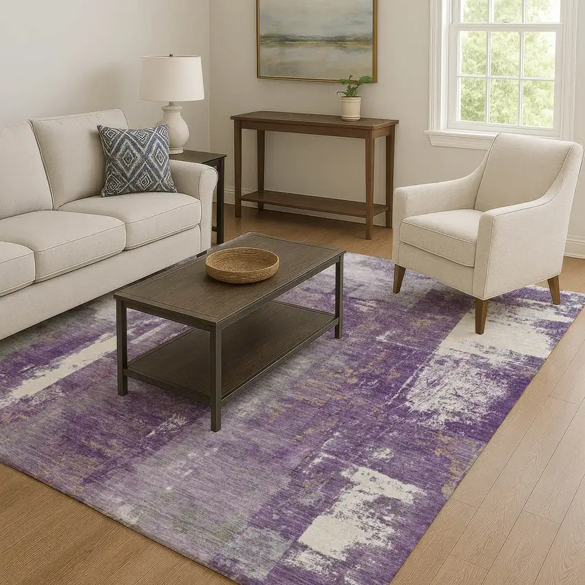 Purple And Ivory Abstract Washable Area Rug With UV Protection Photo 6