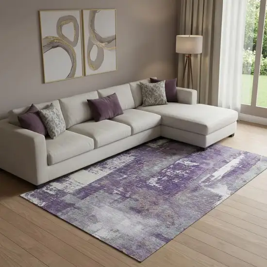 Purple And Ivory Abstract Washable Area Rug With UV Protection Photo 2