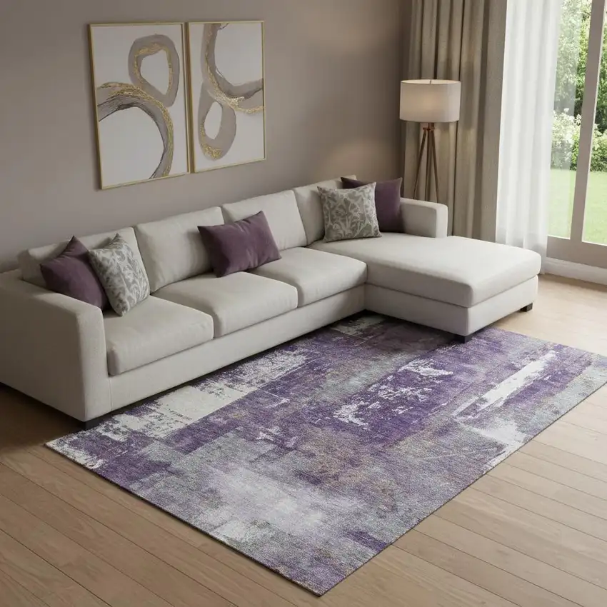 Purple And Ivory Abstract Washable Area Rug With UV Protection Photo 2