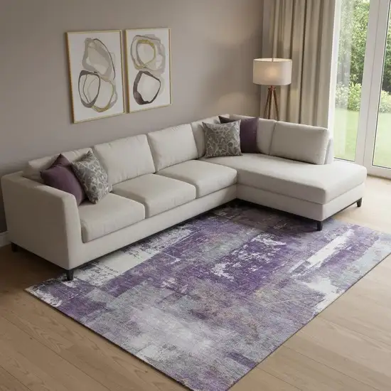Purple And Ivory Abstract Washable Area Rug With UV Protection Photo 2