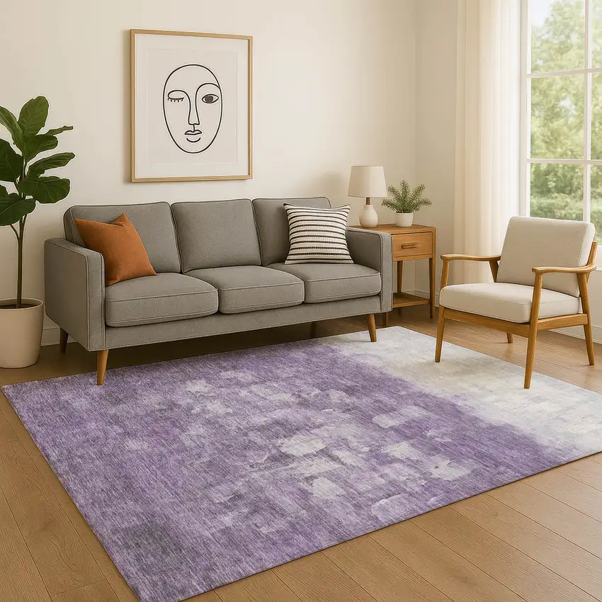Purple And Ivory Abstract Washable Area Rug With UV Protection Photo 5