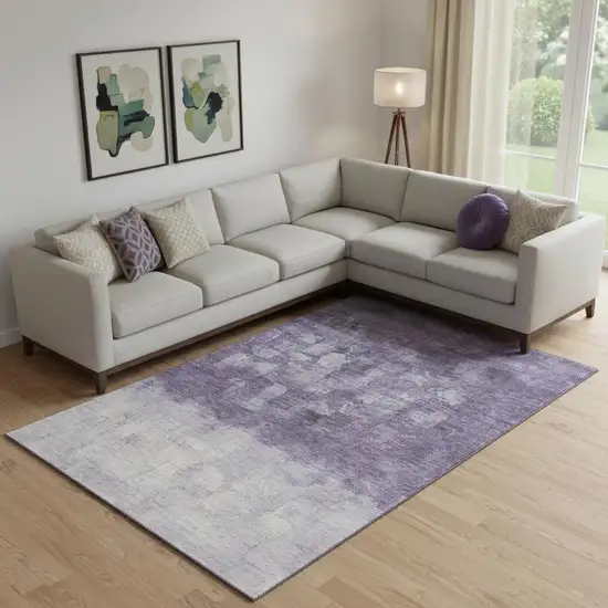 Purple And Ivory Abstract Washable Area Rug With UV Protection Photo 2