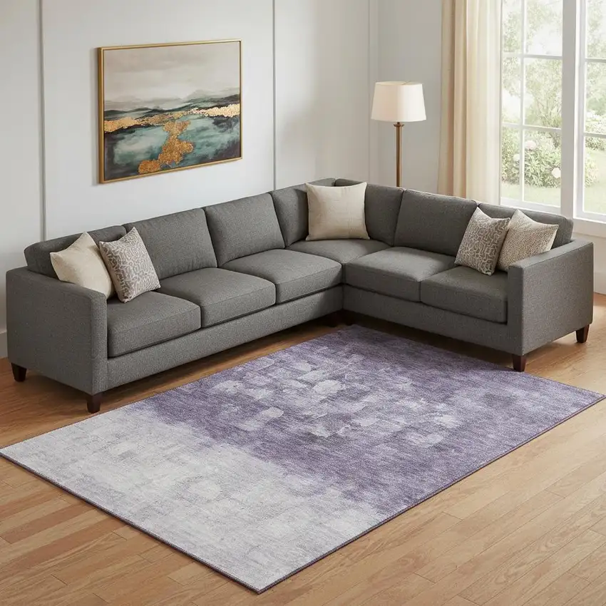 Purple And Ivory Abstract Washable Area Rug With UV Protection Photo 2