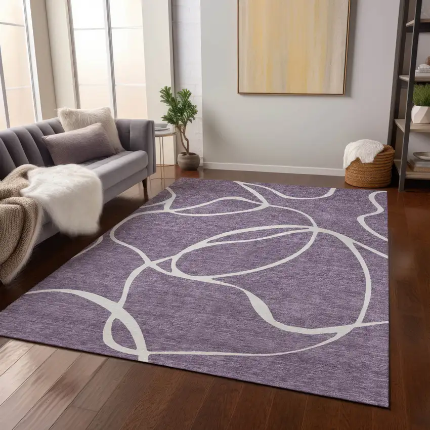 Purple And Ivory Abstract Washable Indoor Outdoor Area Rug Photo 9