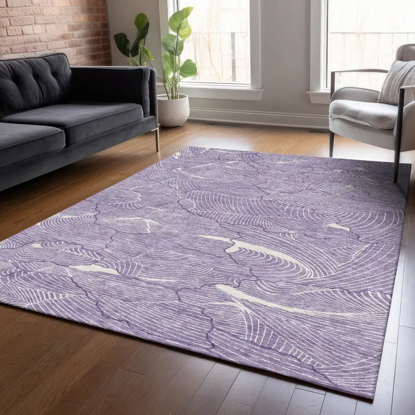 Purple And Ivory Abstract Washable Indoor Outdoor Area Rug Photo 8