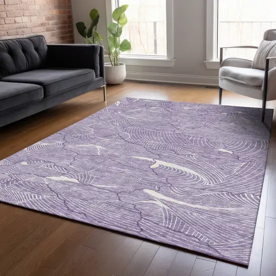 Purple And Ivory Abstract Washable Indoor Outdoor Area Rug Photo 8