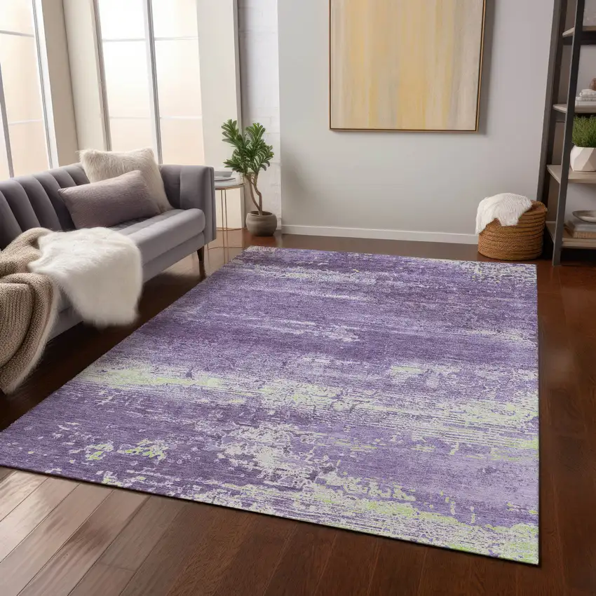 Purple And Ivory Abstract Washable Indoor Outdoor Area Rug Photo 7