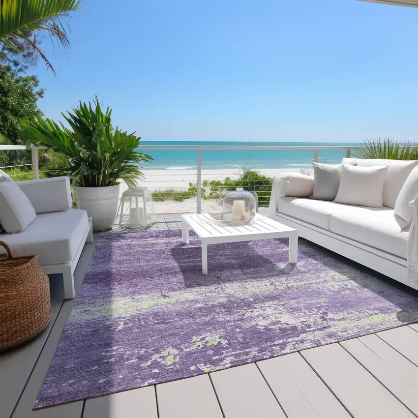 Purple And Ivory Abstract Washable Indoor Outdoor Area Rug Photo 8