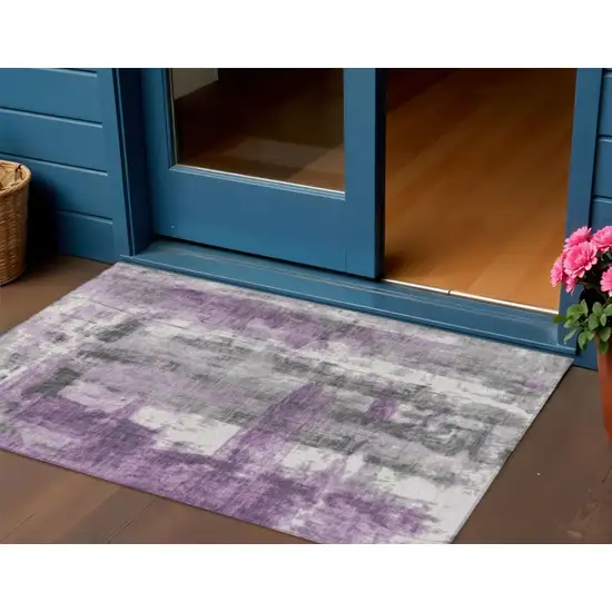 Purple And Ivory Abstract Washable Indoor Outdoor Area Rug Photo 2