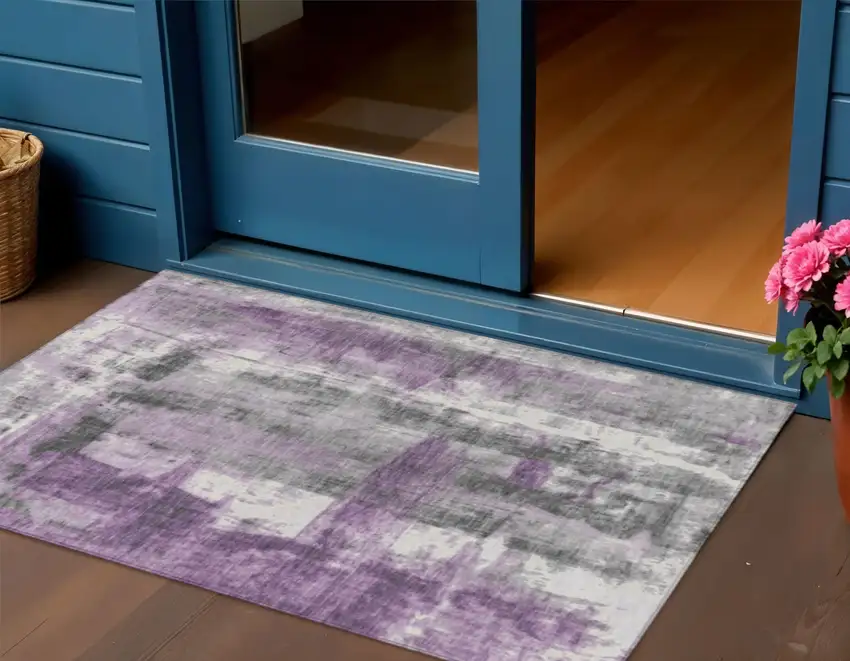Purple And Ivory Abstract Washable Indoor Outdoor Area Rug Photo 2