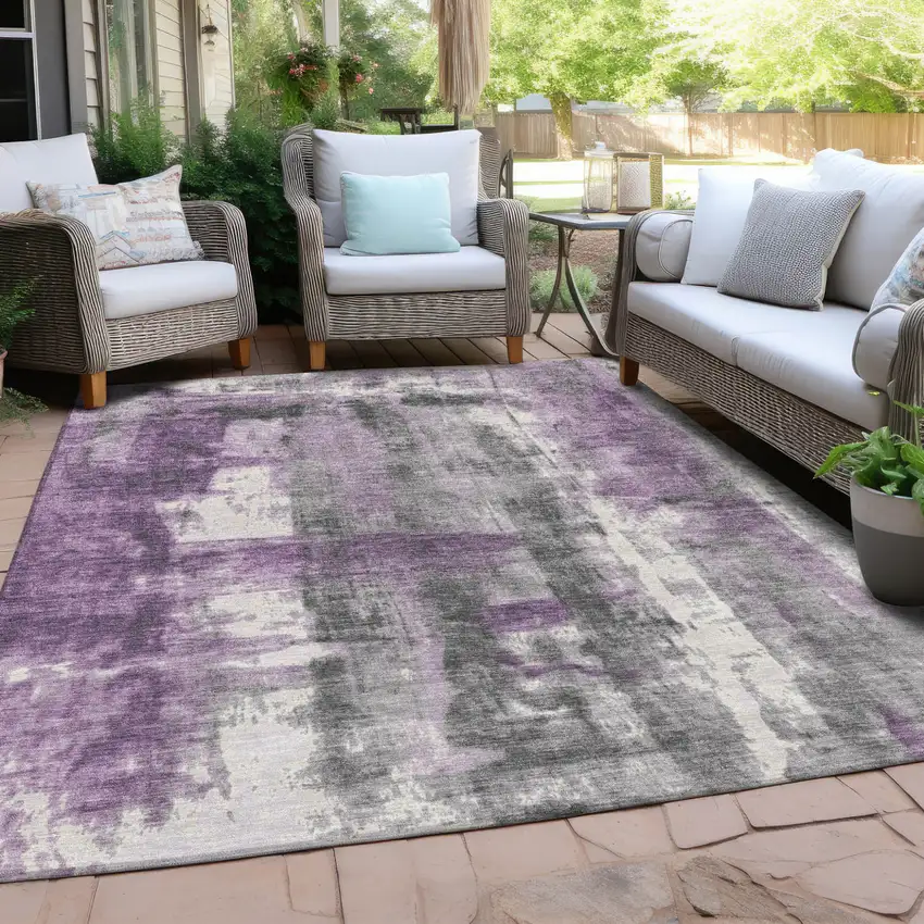 Purple And Ivory Abstract Washable Indoor Outdoor Area Rug Photo 5