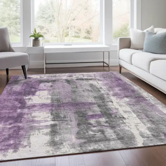 Purple And Ivory Abstract Washable Indoor Outdoor Area Rug Photo 7