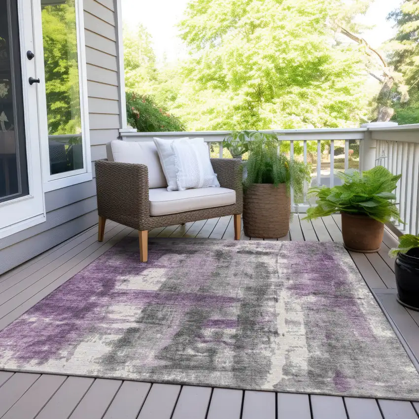 Purple And Ivory Abstract Washable Indoor Outdoor Area Rug Photo 8