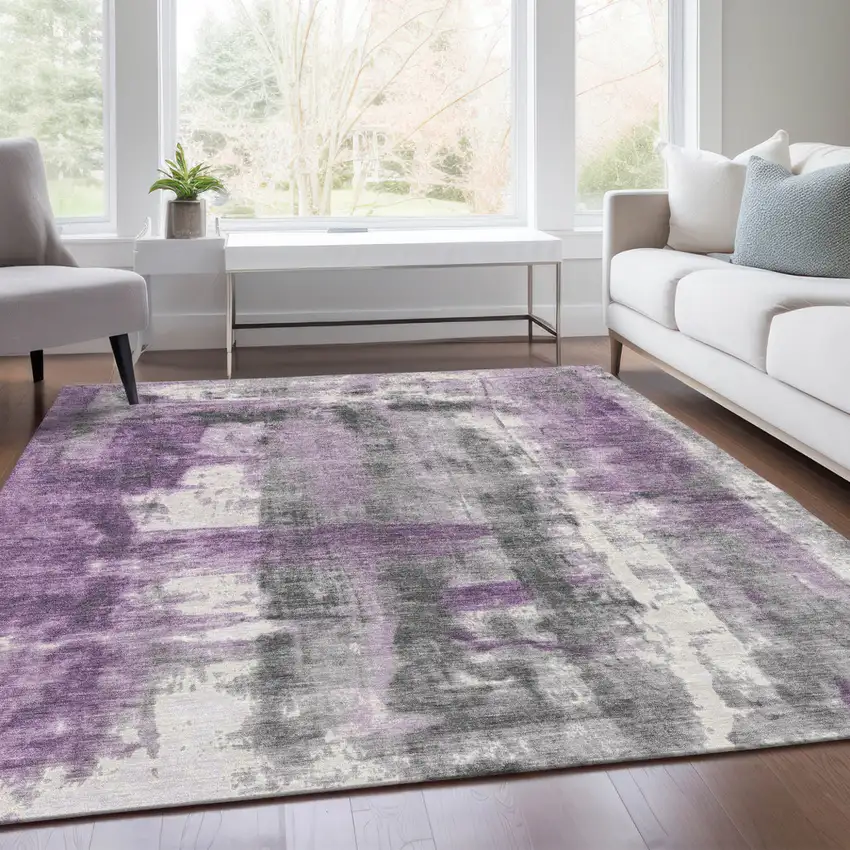 Purple And Ivory Abstract Washable Indoor Outdoor Area Rug Photo 7