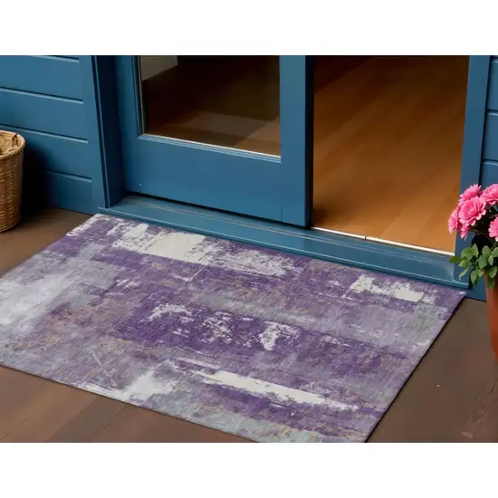Purple And Ivory Abstract Washable Indoor Outdoor Area Rug Photo 2