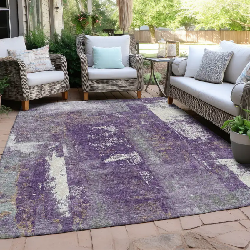 Purple And Ivory Abstract Washable Indoor Outdoor Area Rug Photo 5