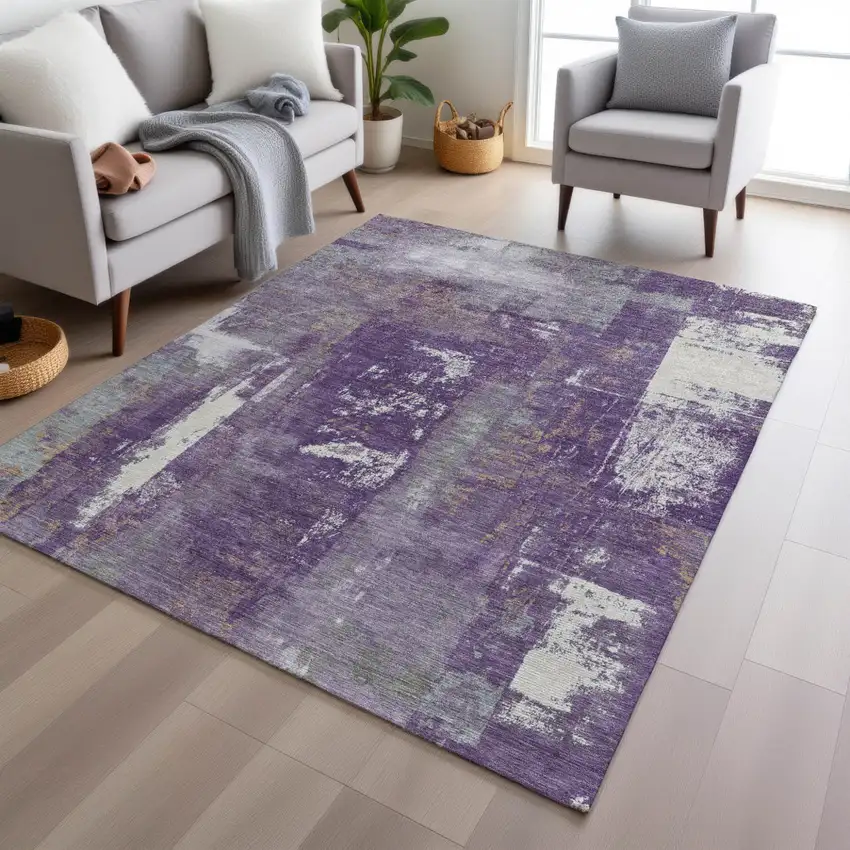 Purple And Ivory Abstract Washable Indoor Outdoor Area Rug Photo 6
