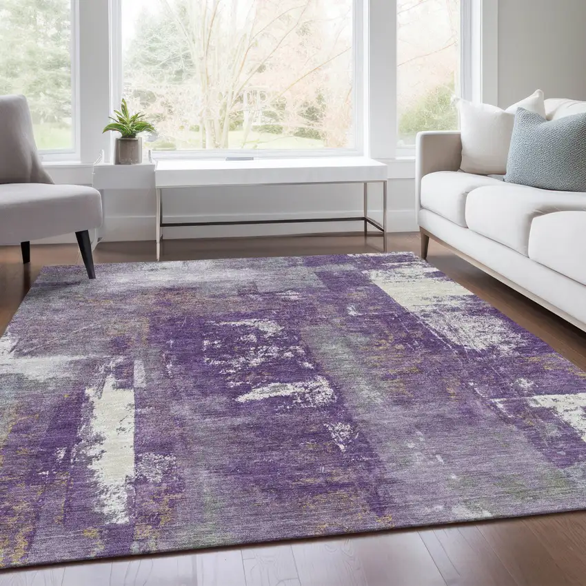 Purple And Ivory Abstract Washable Indoor Outdoor Area Rug Photo 7