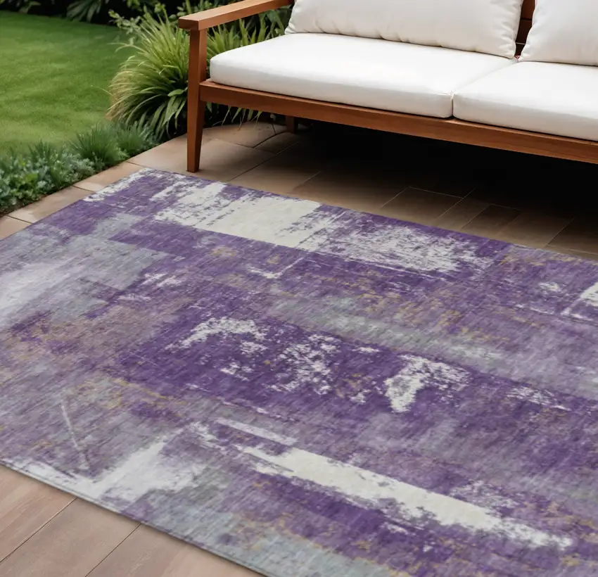Purple And Ivory Abstract Washable Indoor Outdoor Area Rug Photo 2