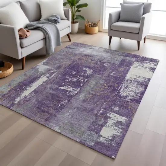 Purple And Ivory Abstract Washable Indoor Outdoor Area Rug Photo 6