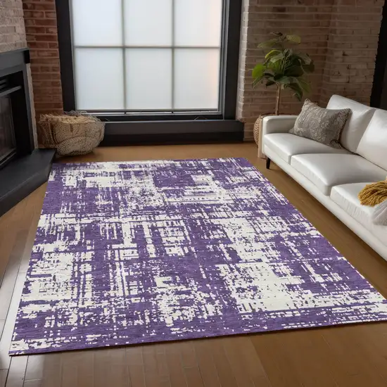 Purple And Ivory Abstract Washable Indoor Outdoor Area Rug Photo 8