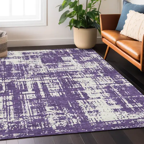 Purple And Ivory Abstract Washable Indoor Outdoor Area Rug Photo 7