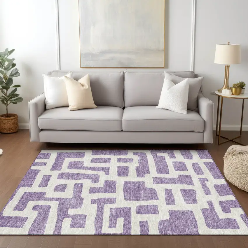 Purple And Ivory Abstract Washable Indoor Outdoor Area Rug Photo 9