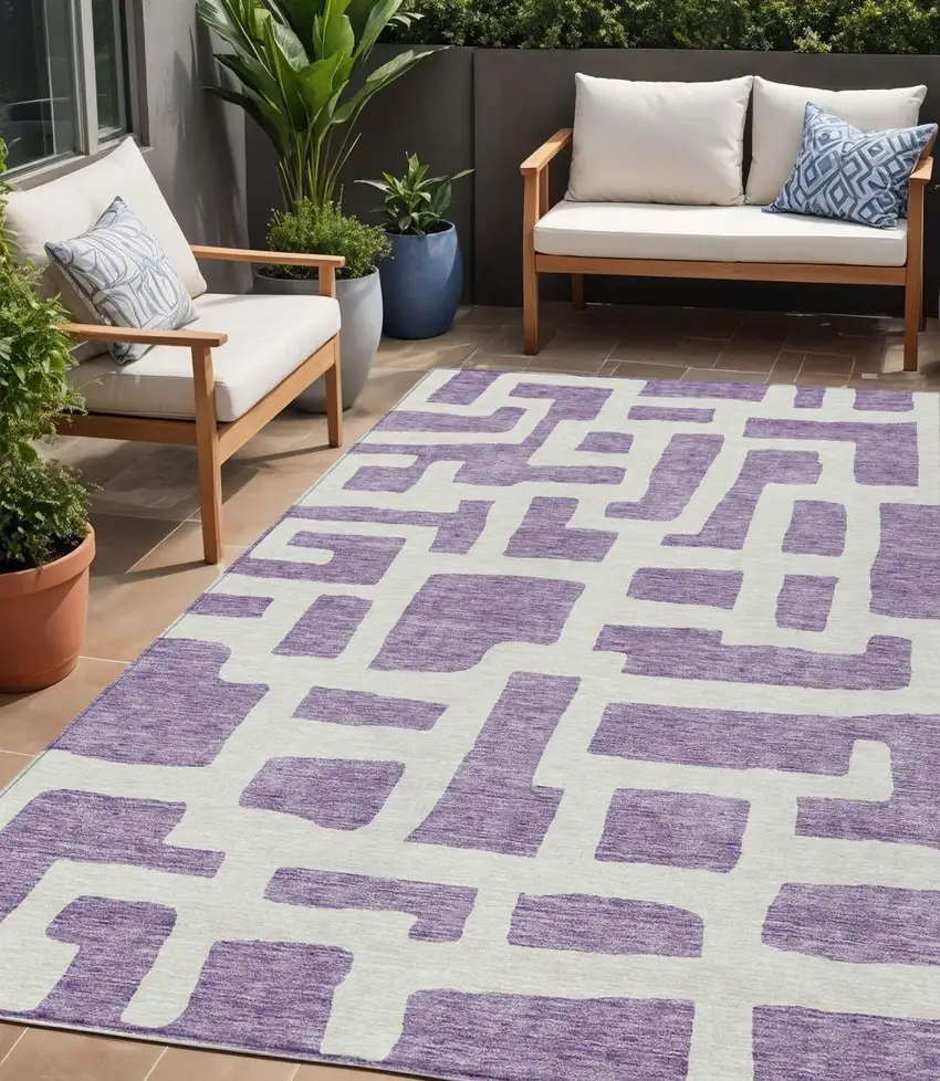 Purple And Ivory Abstract Washable Indoor Outdoor Area Rug Photo 1