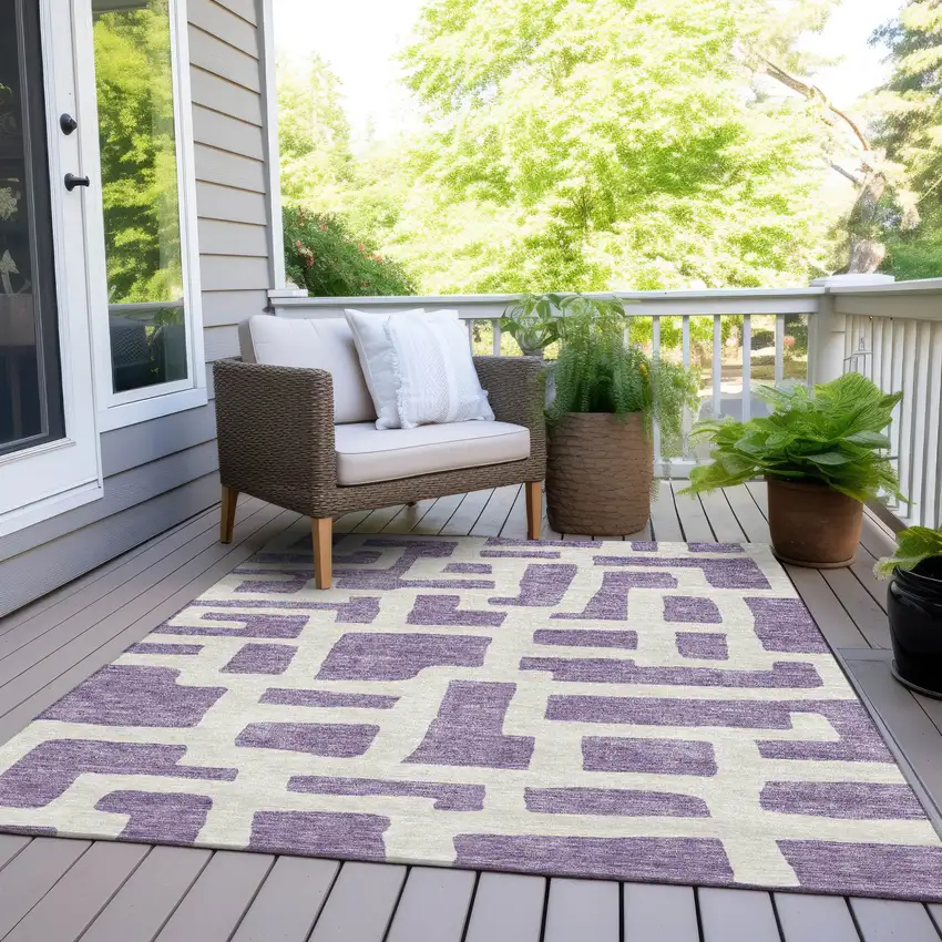 Purple And Ivory Abstract Washable Indoor Outdoor Area Rug Photo 7