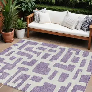 Photo of Purple And Ivory Abstract Washable Indoor Outdoor Area Rug